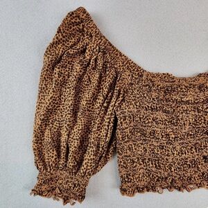 Urban Outfitters Giselle Cheetah Smocked Square Neck Puff Sleeve Ruffle Crop Top